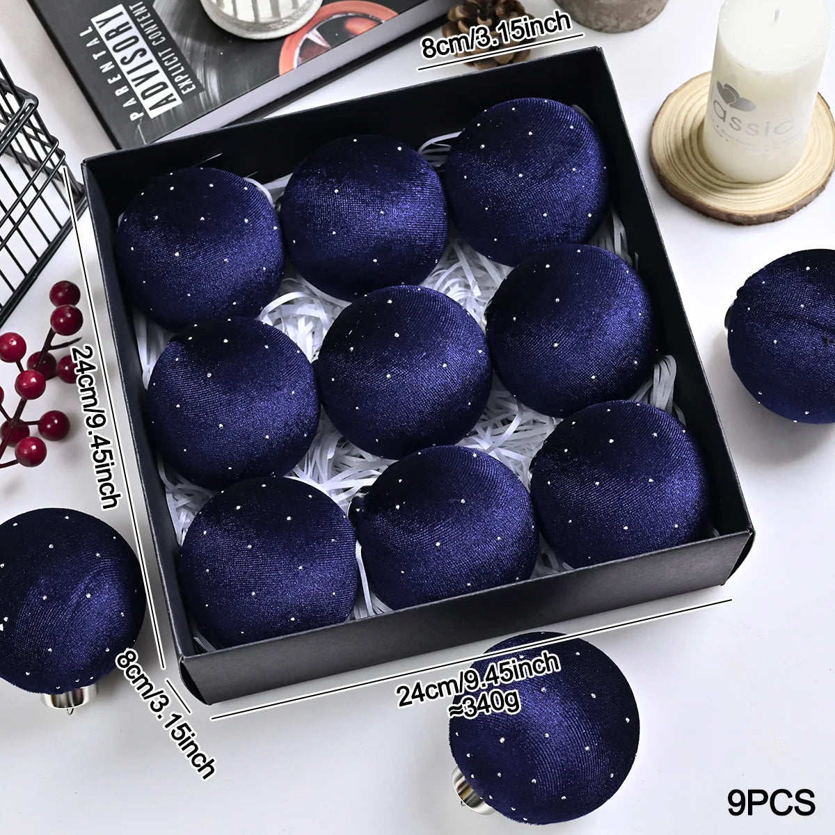 Kit of 9 luxurious velvet Christmas ornaments| Christimas Flare