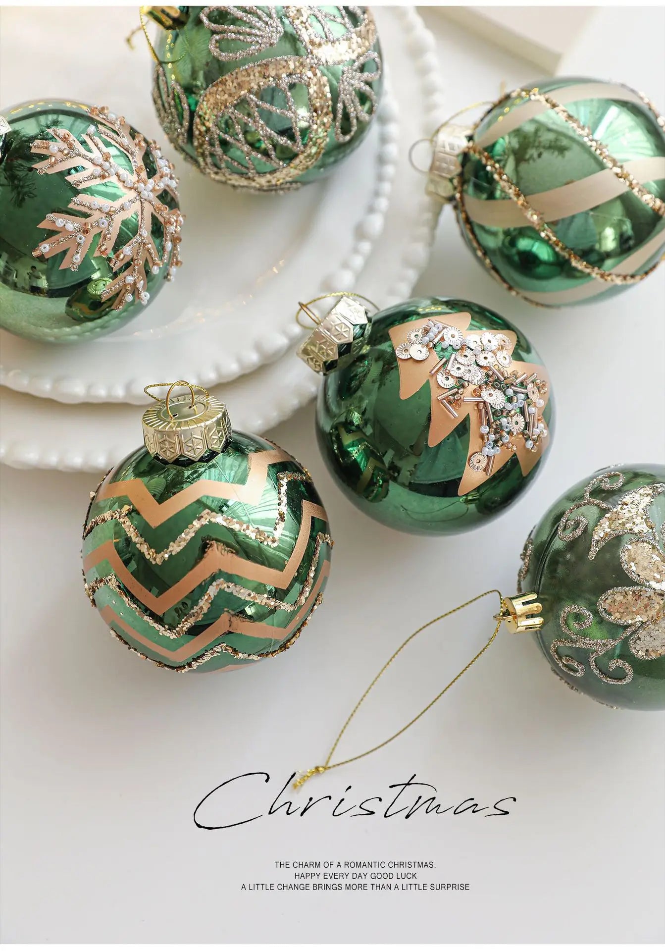 Kit of 4 luxury green Christmas balls with sequins | Christimas Flare