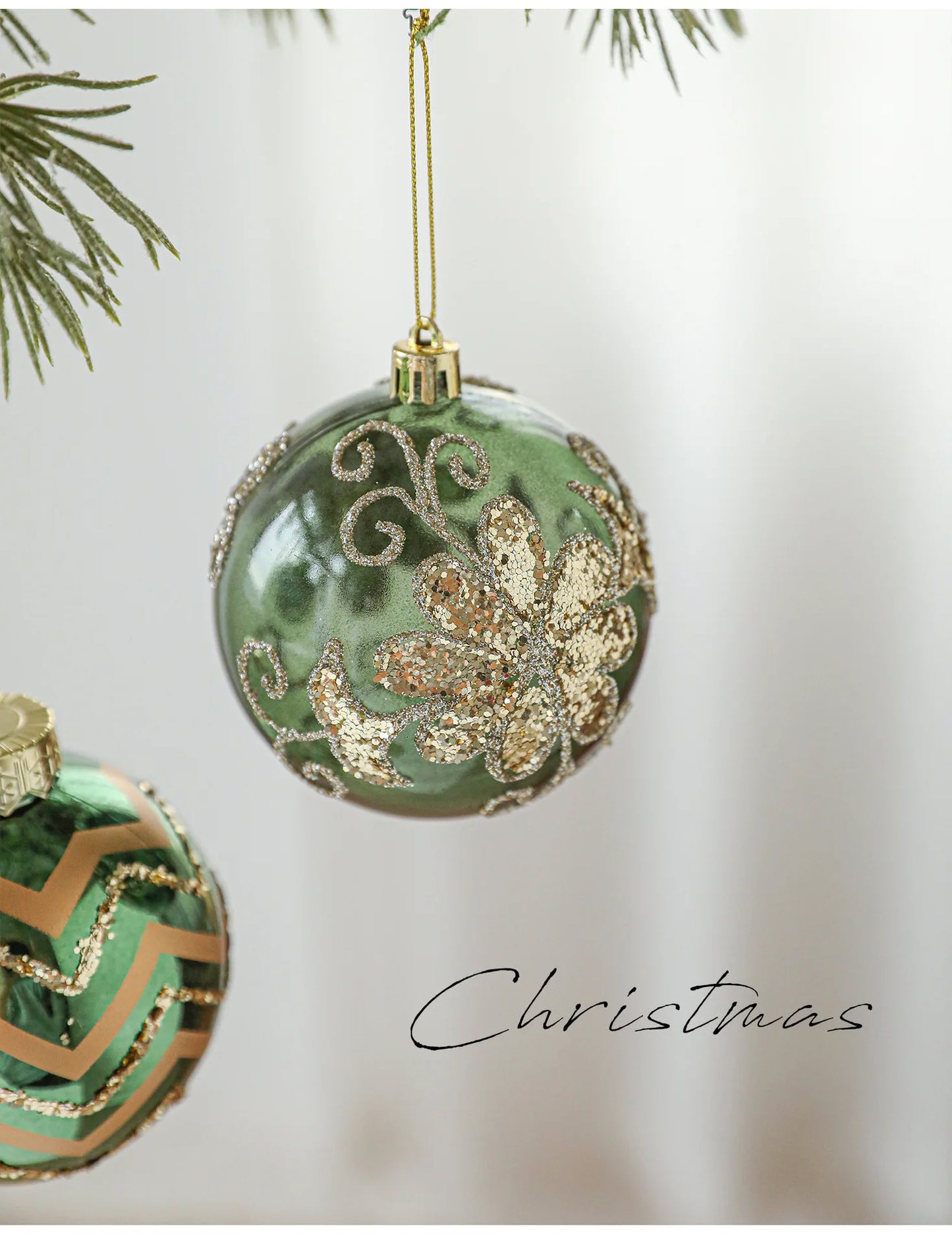 Kit of 4 luxury green Christmas balls with sequins | Christimas Flare