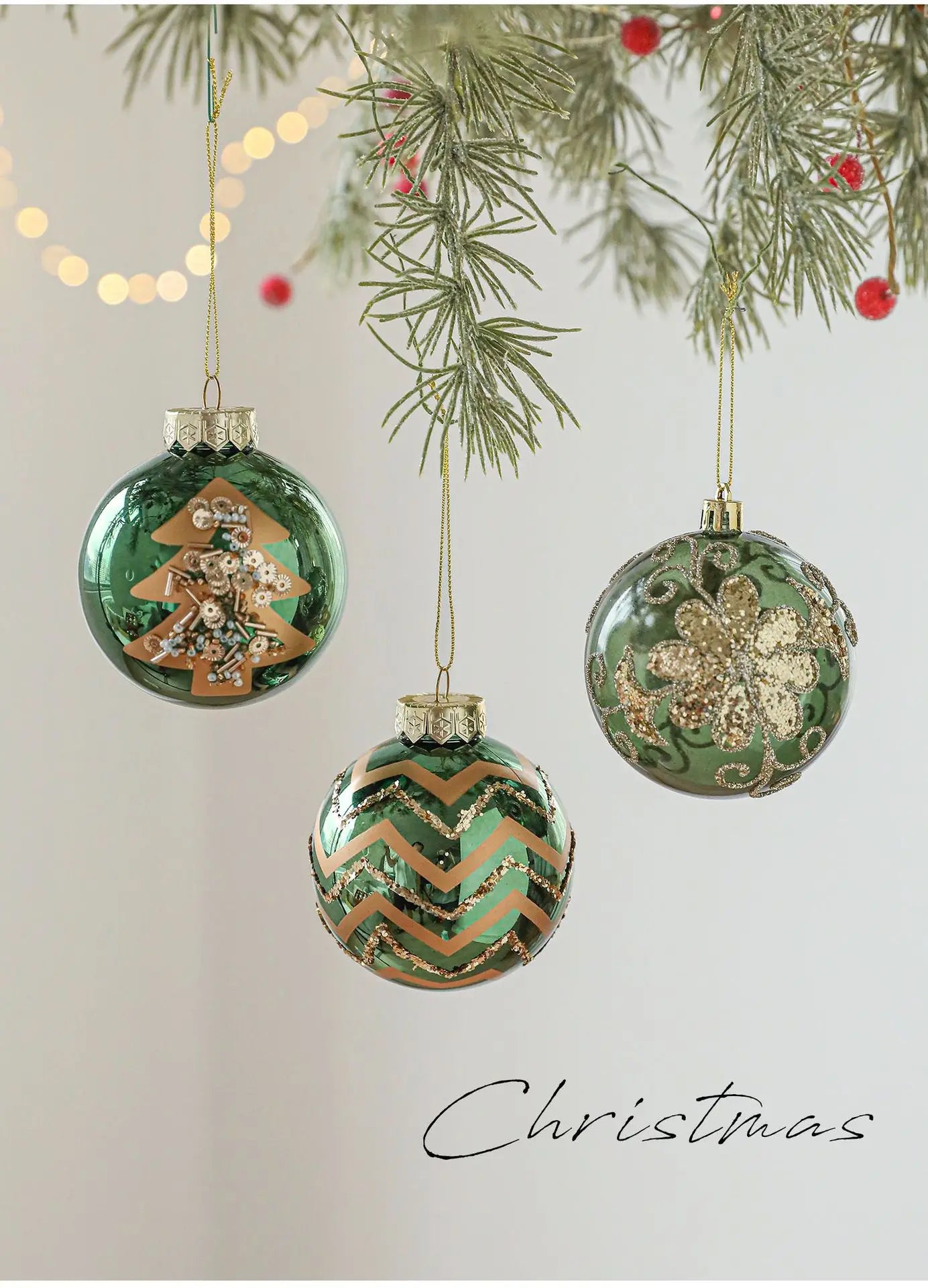 Kit of 4 luxury green Christmas balls with sequins | Christimas Flare