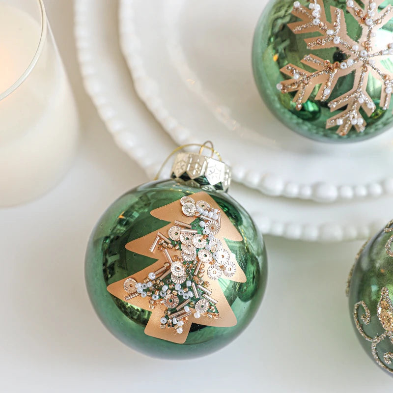 Kit of 4 luxury green Christmas balls with sequins | Christimas Flare
