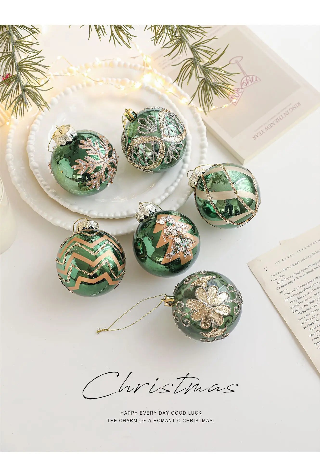 Kit of 4 luxury green Christmas balls with sequins | Christimas Flare