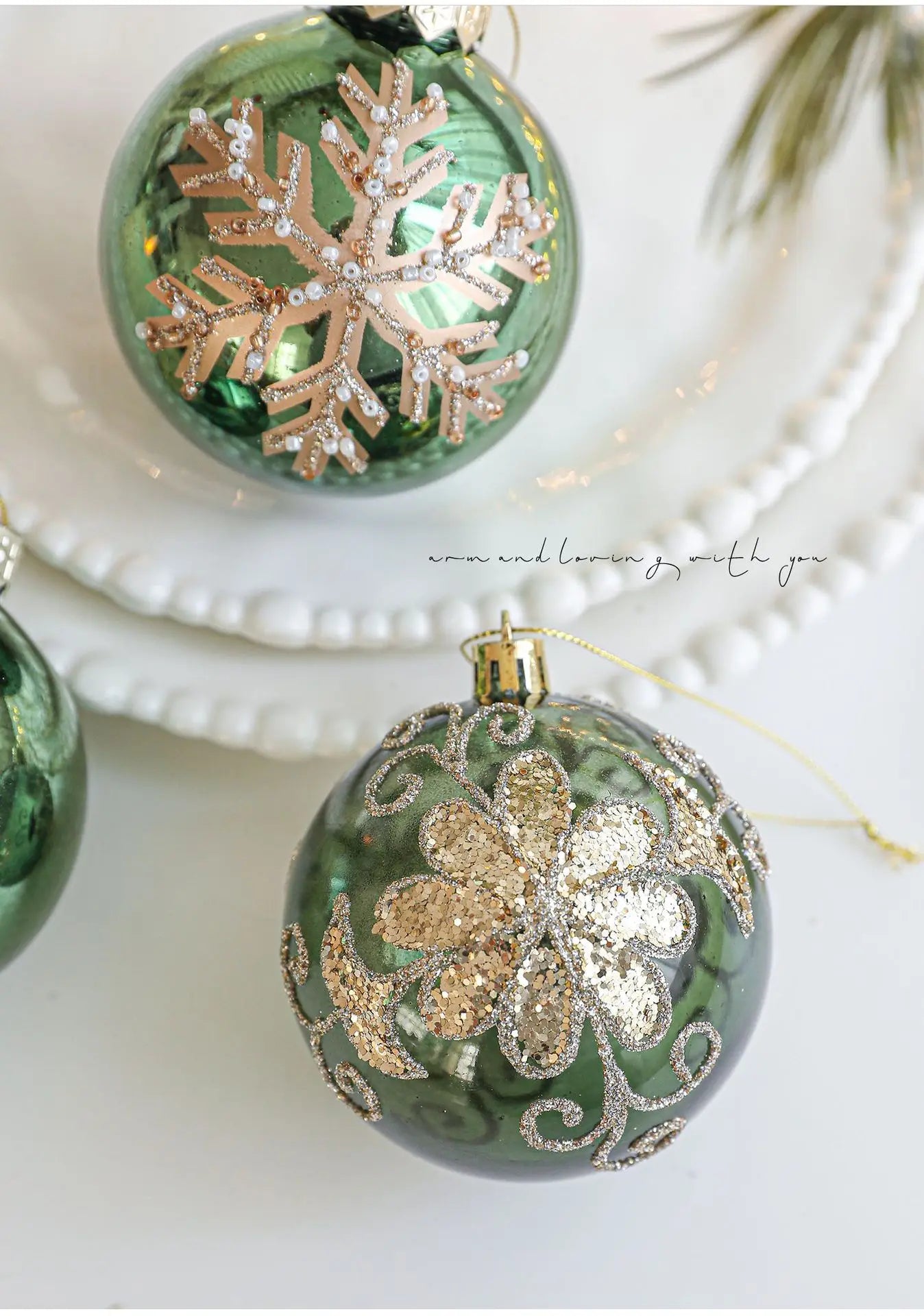 Kit of 4 luxury green Christmas balls with sequins | Christimas Flare