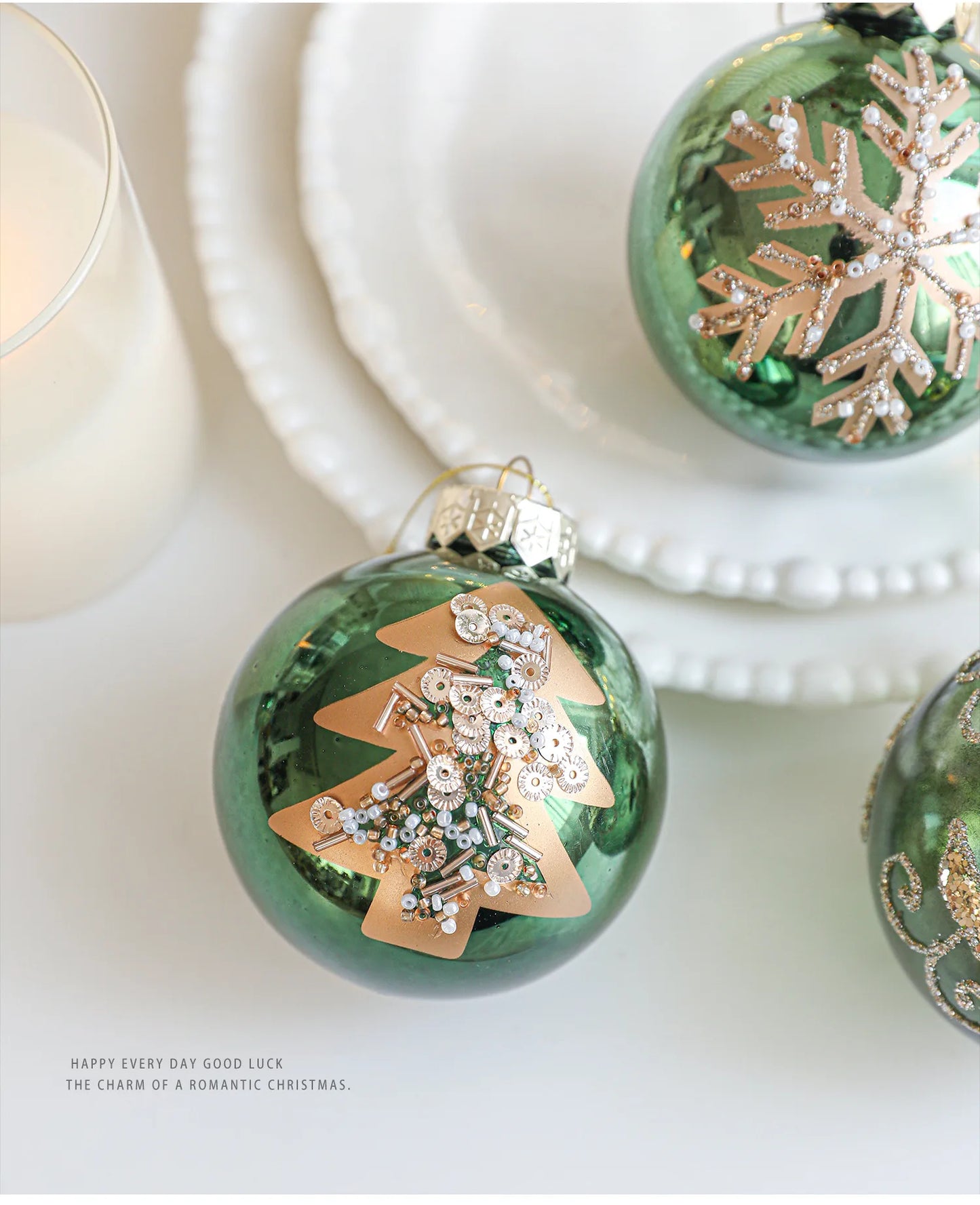 Kit of 4 luxury green Christmas balls with sequins | Christimas Flare